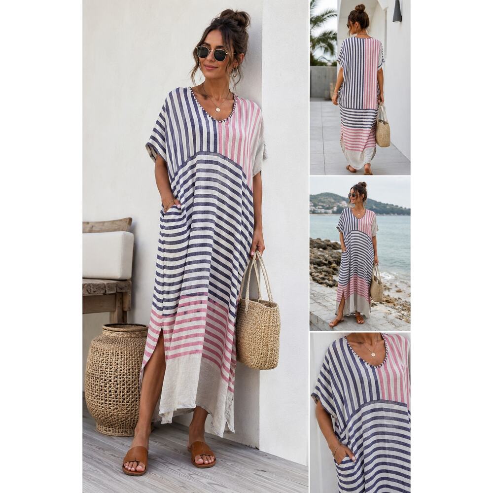 Sundry Oversized Linen Blend Maxi Caftan Dress Stripe Coastal Boho OS